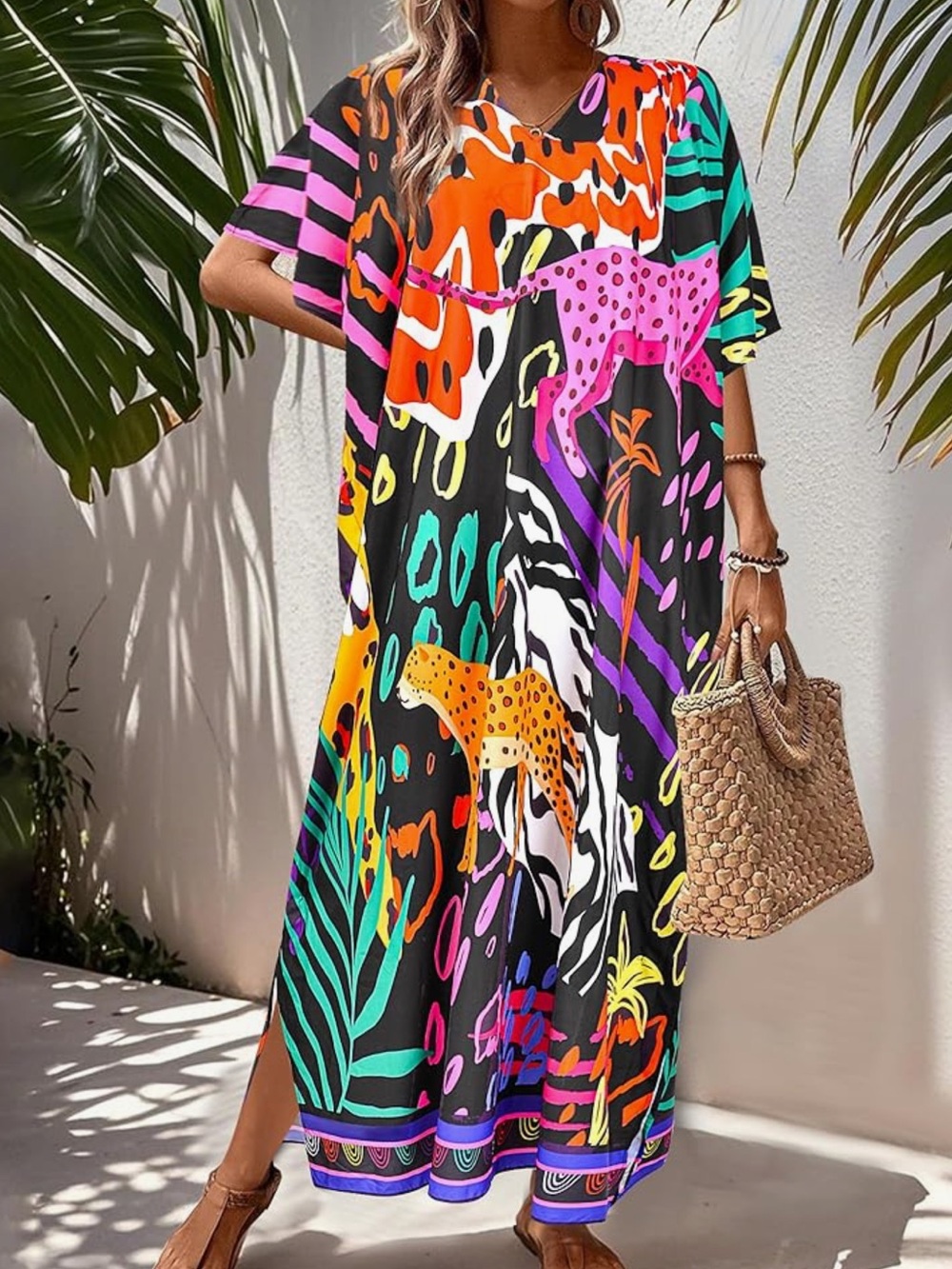 Vibrant Multicolor Animal Print Maxi Dress oversized boho fit